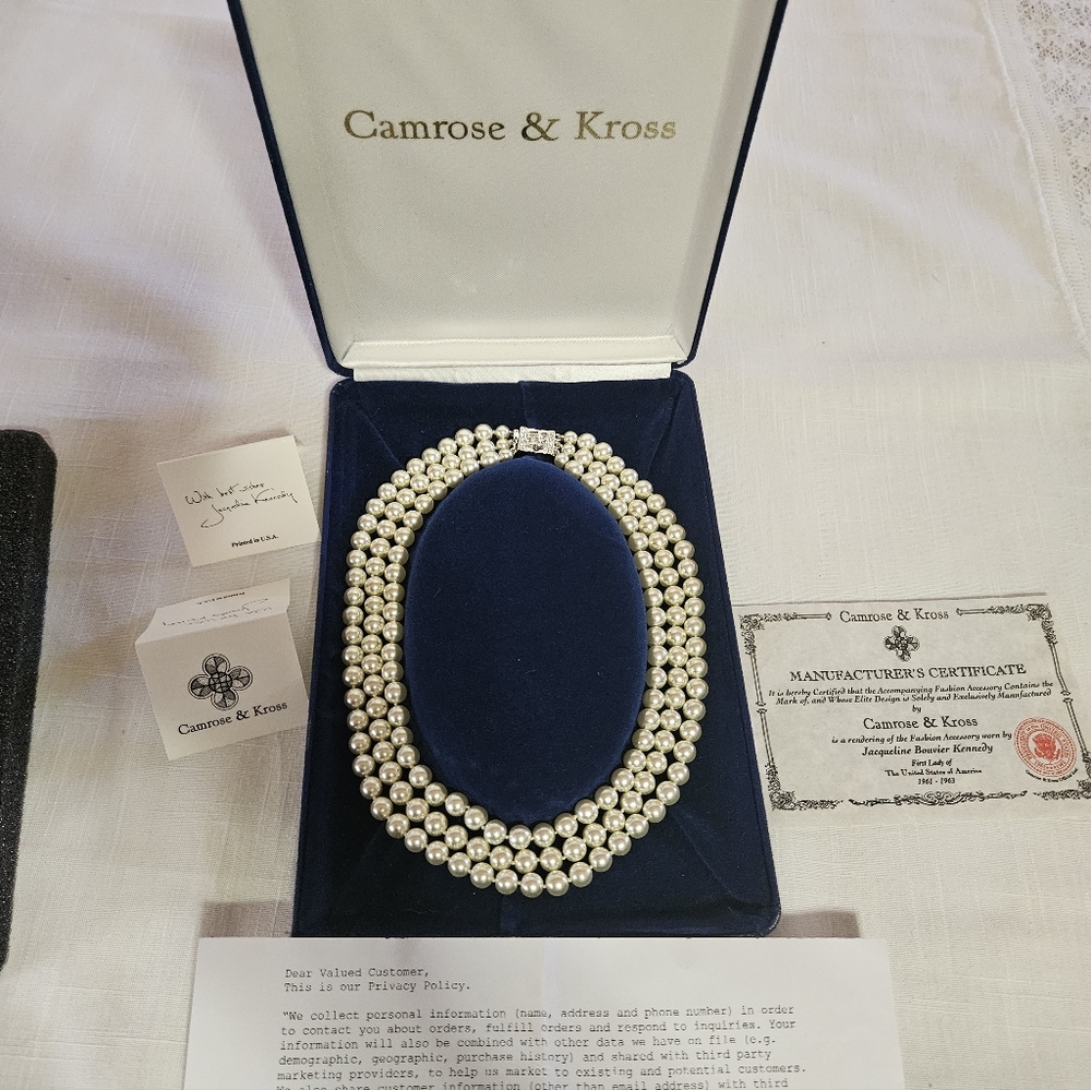 Jackie Kennedy" FAUX"Pearl Necklace With Silver Tone Accents & Swarovski Closure
